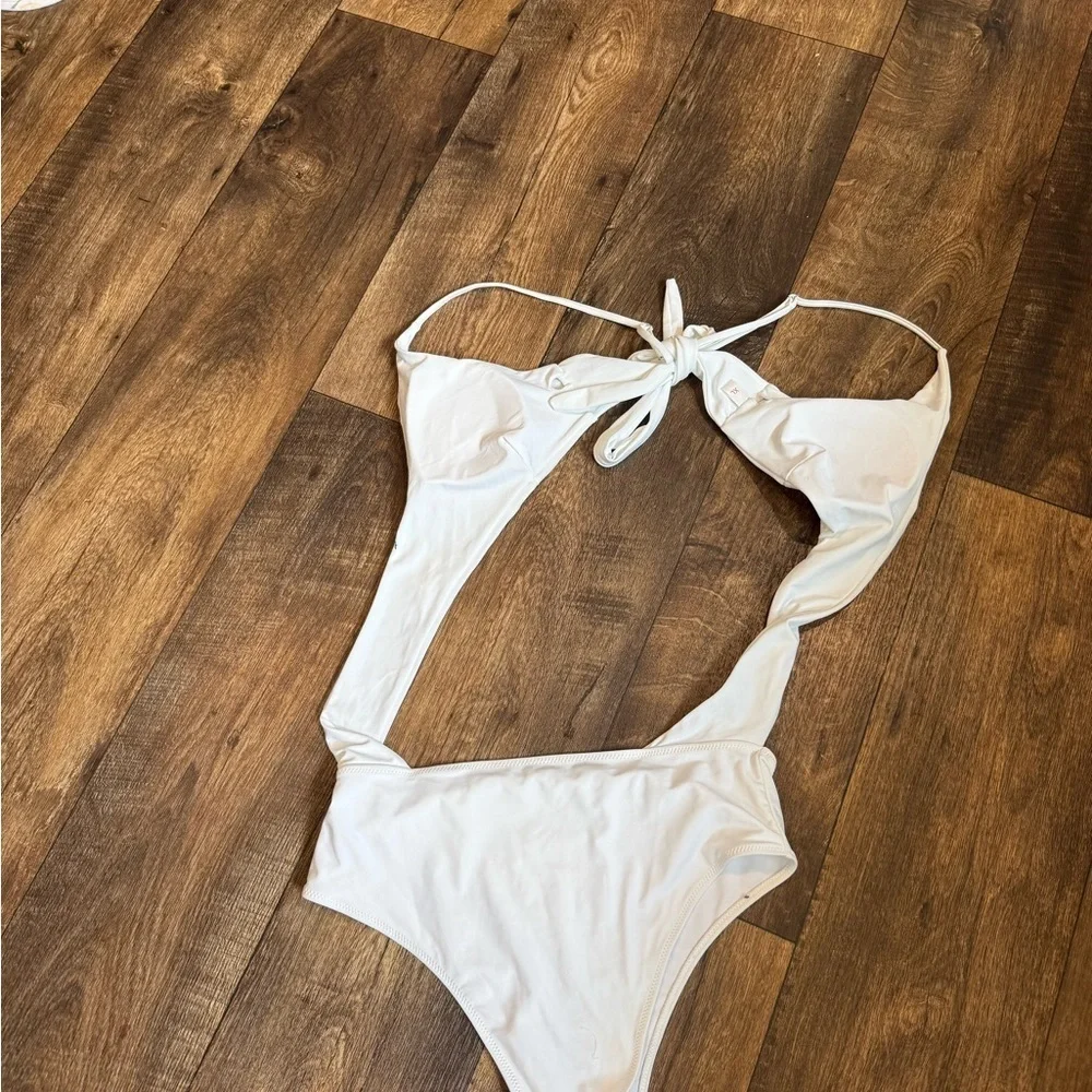White One Piece Swimsuit with Cut Out and Tie Front